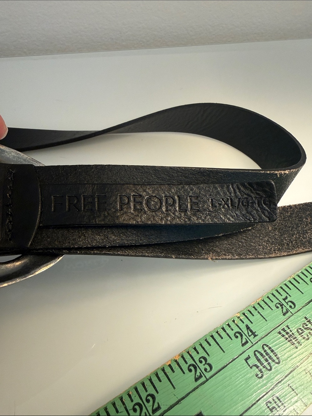 Free People Margot Black Leather Belt with Distressed Silver Oval Buckle L/XL - Picture 2 of 6